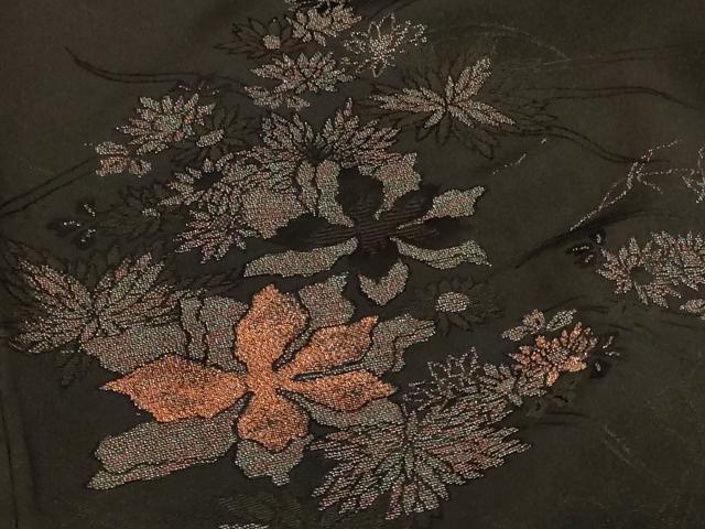 平和屋着物#羽織 寿光織 草花文 黒地 金糸 正絹 逸品 CABG8364in