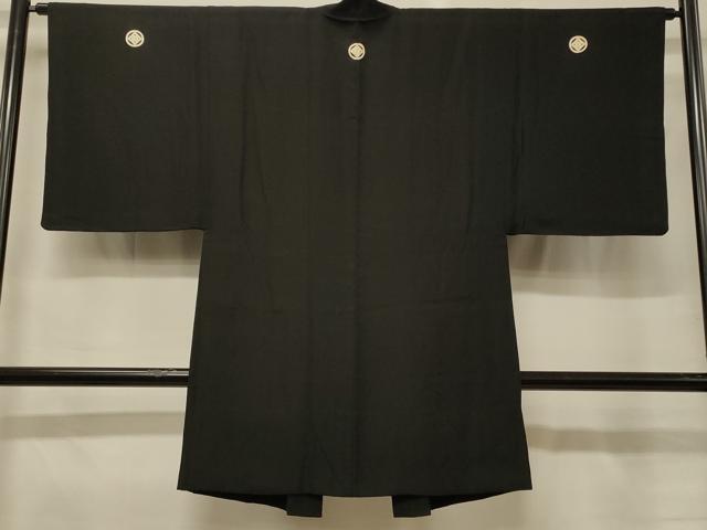 平和屋着物#男性 長羽織 黒紋付き 単衣 正絹 逸品 CABG8372in