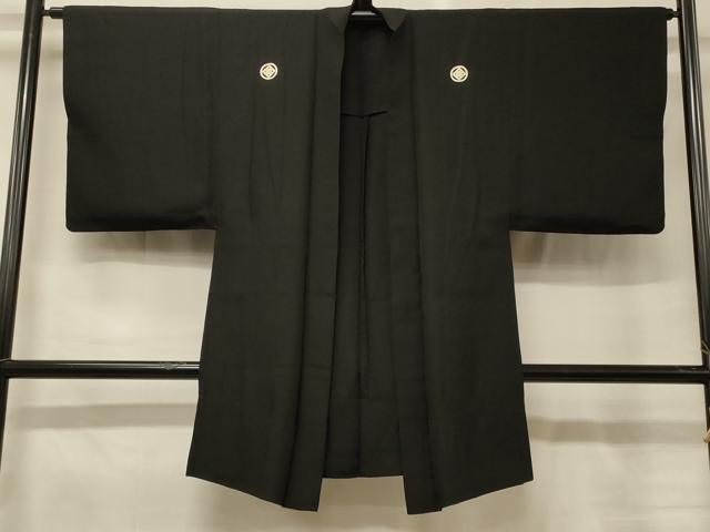 平和屋着物#男性 長羽織 黒紋付き 単衣 正絹 逸品 CABG8372in