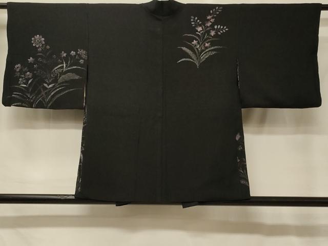 平和屋着物#羽織 寿光織 草花文 黒地 銀糸 正絹 逸品 CABG8399in