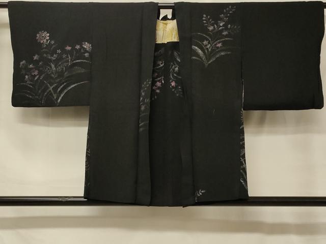 平和屋着物#羽織 寿光織 草花文 黒地 銀糸 正絹 逸品 CABG8399in