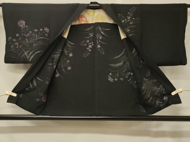 平和屋着物#羽織 寿光織 草花文 黒地 銀糸 正絹 逸品 CABG8399in
