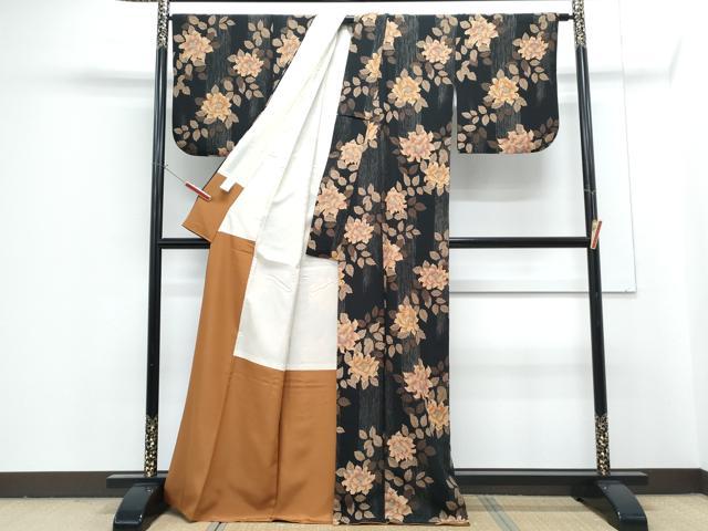 平和屋着物●小紋 草花文 黒地 洗える着物 CABG8406th