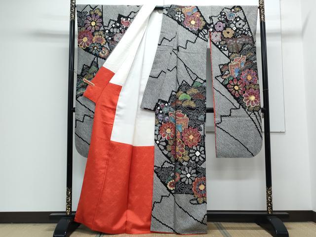 平和屋着物●豪華振袖 総絞り 御所車花文 黒地 金彩 正絹 逸品 CABG8433th