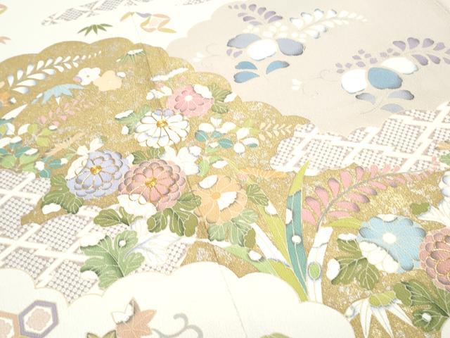 平和屋着物●訪問着 駒刺繍 雲重ね花文 金彩 正絹 逸品 CABG8434th