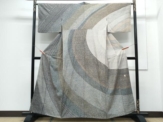 平和屋着物●小紋師 鷲津芳雄 訪問着 斜線文 銀彩 正絹 逸品 CABG8452th