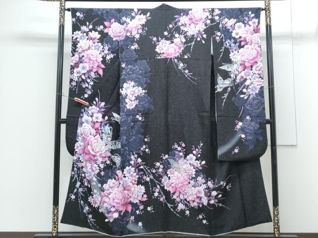 平和屋着物●豪華振袖 花蝶文 暈し染め 黒地 銀通し地 正絹 逸品 CABG8453th