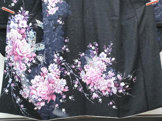 平和屋着物●豪華振袖 花蝶文 暈し染め 黒地 銀通し地 正絹 逸品 CABG8453th
