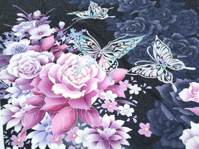 平和屋着物●豪華振袖 花蝶文 暈し染め 黒地 銀通し地 正絹 逸品 CABG8453th
