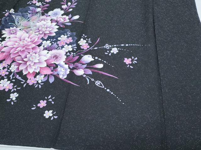 平和屋着物●豪華振袖 花蝶文 暈し染め 黒地 銀通し地 正絹 逸品 CABG8453th