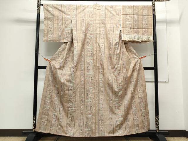 平和屋着物●本真綿紬 人物間道 反端付き 正絹 逸品 CABG8488th