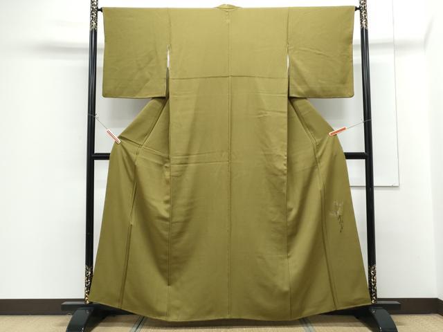 平和屋着物●染色作家 斉藤三才 色無地 瓦地紋 国防色 正絹 逸品 CABG8515th
