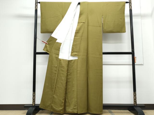 平和屋着物●染色作家 斉藤三才 色無地 瓦地紋 国防色 正絹 逸品 CABG8515th