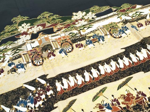 平和屋着物●松尾光琳 黒留袖 駒刺繍 公家行列図 金彩 正絹 逸品 CABG8532