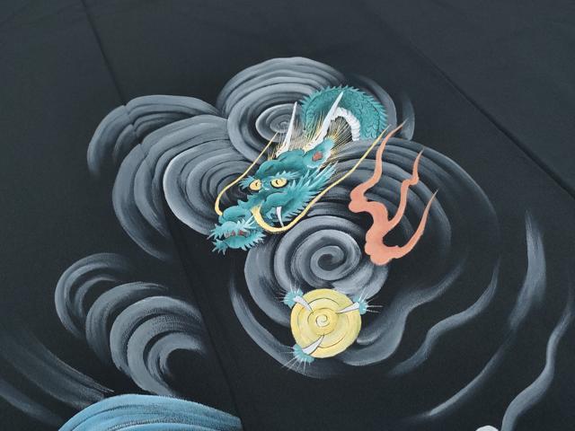 平和屋着物●訪問着 手描き 龍 立波文 黒地 金彩 洗える着物 CABG8534th