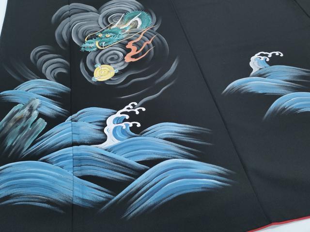 平和屋着物●訪問着 手描き 龍 立波文 黒地 金彩 洗える着物 CABG8534th