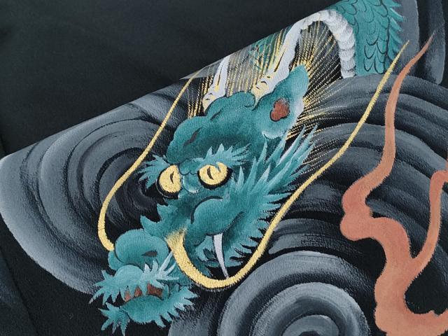 平和屋着物●訪問着 手描き 龍 立波文 黒地 金彩 洗える着物 CABG8534th