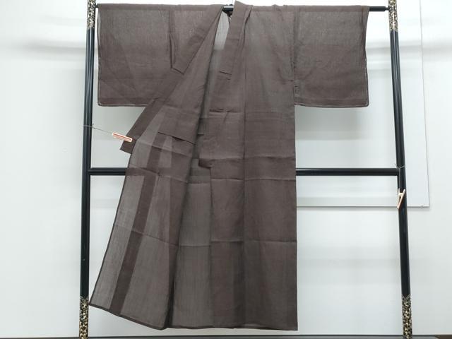 平和屋着物*夏物 男性 小千谷ちぢみ 黒茶色 麻 反端付き 逸品 CABG8646th