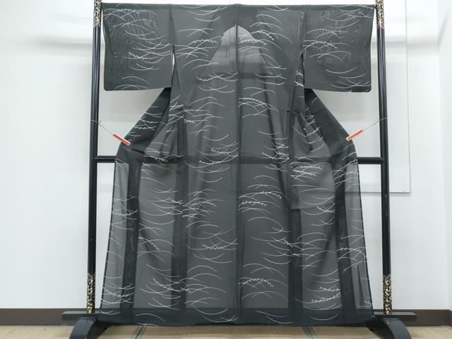 平和屋着物*夏物 小紋 絽 草葉文 黒地 正絹 逸品 CABG8665th