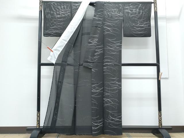 平和屋着物*夏物 小紋 絽 草葉文 黒地 正絹 逸品 CABG8665th