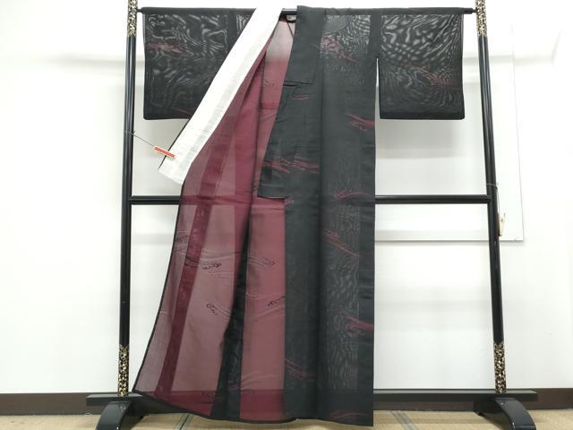 平和屋着物*夏物 小紋 絽 立波文 黒地 正絹 逸品 CABG8680th