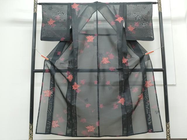 平和屋着物*夏物 小紋 紗 楓文 黒地 正絹 逸品 CABG8715th