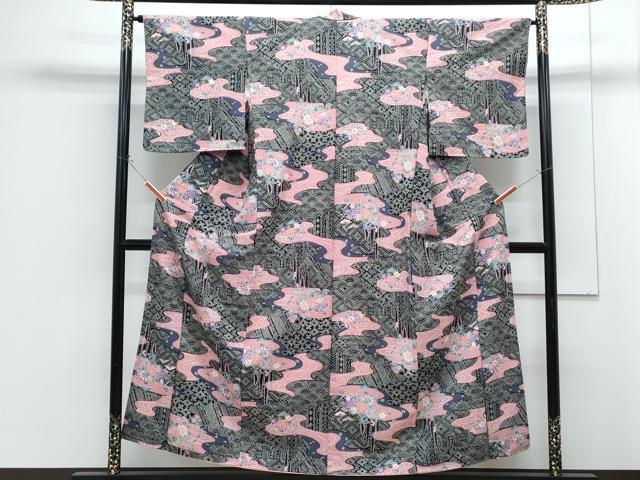 平和屋着物■小紋 型染め 流水花鳥文 洗える着物 CABG8731th