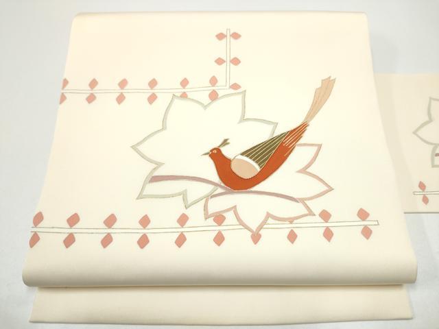 平和屋着物●塩瀬 九寸名古屋帯 駒刺繍 舞葉鳥文 金彩 正絹 逸品 CABG8813hy