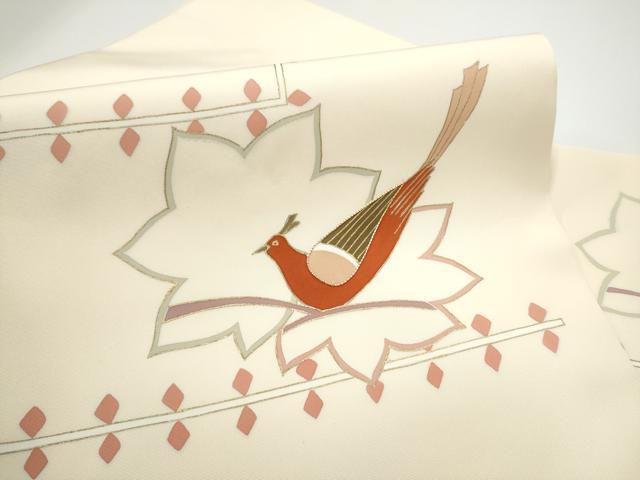 平和屋着物●塩瀬 九寸名古屋帯 駒刺繍 舞葉鳥文 金彩 正絹 逸品 CABG8813hy