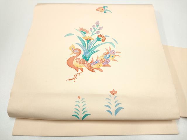 平和屋着物●塩瀬 九寸名古屋帯 孔雀花文 正絹 逸品 CABG8819hy