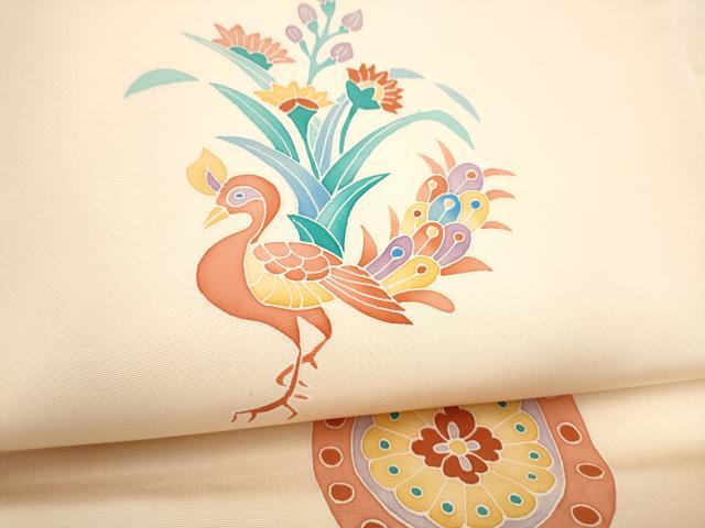 平和屋着物●塩瀬 九寸名古屋帯 孔雀花文 正絹 逸品 CABG8819hy