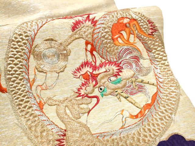 平和屋着物●アンティーク 大正ロマン 丸帯 総刺繍 駒刺繍 雲龍 金銀糸 引き抜き帯 正絹 逸品 CABG8829hy