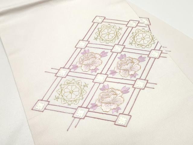 平和屋着物●九寸名古屋帯 総刺繍 駒刺繍 菱天井花文 銀通し地 正絹 逸品 CABG8903hy