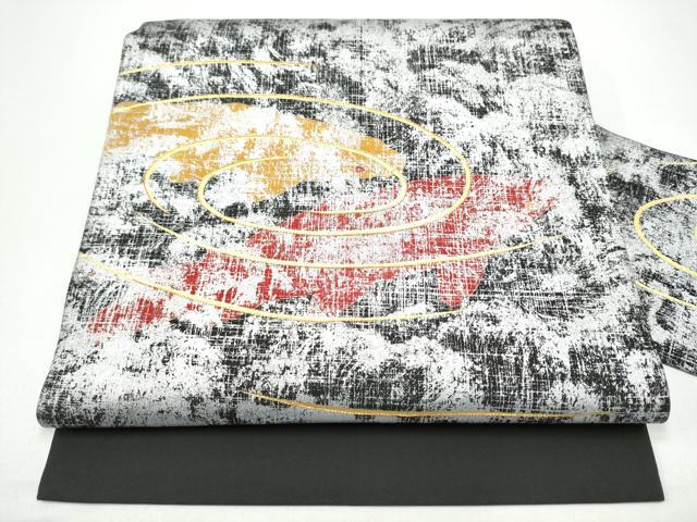平和屋着物●塩瀬 九寸名古屋帯 駒刺繍 流水文 黒地 金銀彩 正絹 逸品 CABG8915hy