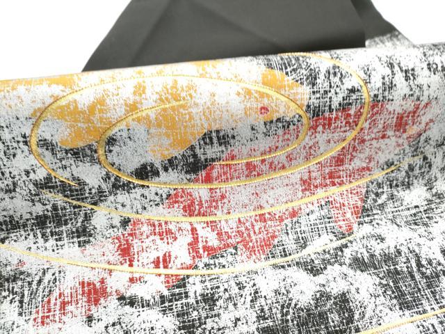 平和屋着物●塩瀬 九寸名古屋帯 駒刺繍 流水文 黒地 金銀彩 正絹 逸品 CABG8915hy