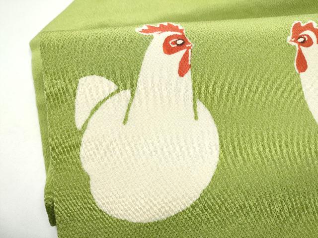 平和屋着物●九寸名古屋帯 型染め にわとり 鬼しぼ縮緬 正絹 逸品 CABG8918hy