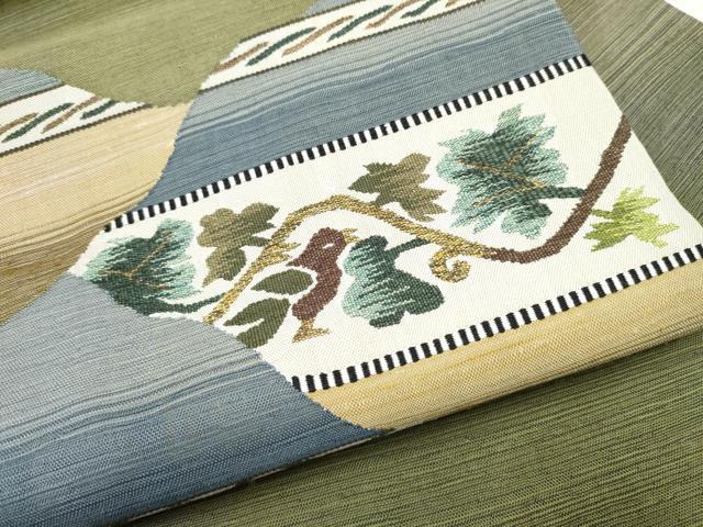 平和屋着物●九寸名古屋帯 すくい織 唐草鳥文 正絹 逸品 CABG8922hy