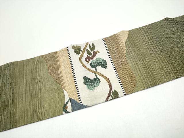 平和屋着物●九寸名古屋帯 すくい織 唐草鳥文 正絹 逸品 CABG8922hy