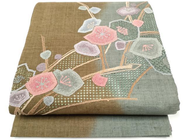 平和屋着物●中国三大刺繍 スワトウ・相良刺繍 総刺繍 太鼓柄袋帯 紬地 枝梅文 正絹 逸品 CABG9010hy