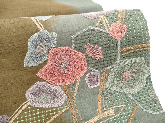 平和屋着物●中国三大刺繍 スワトウ・相良刺繍 総刺繍 太鼓柄袋帯 紬地 枝梅文 正絹 逸品 CABG9010hy