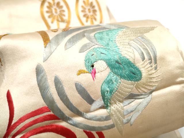 平和屋着物●アンティーク 大正ロマン 半幅帯 総手刺繍 駒刺繍 立涌花鳥文 正絹 逸品 CABG9070hy