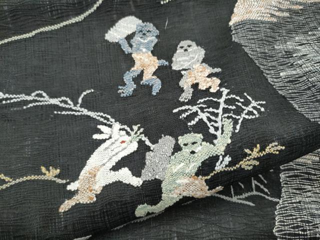 平和屋着物▽つけ帯 スリーシーズン 春夏秋 ぜんまい紬 すくい織 鳥獣戯画 正絹 逸品 CABG9094hy