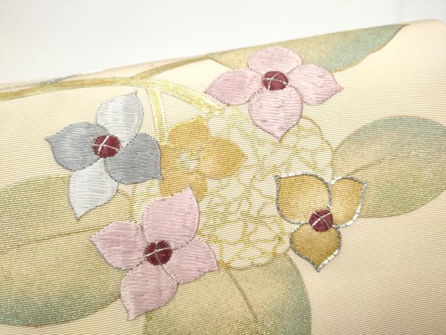 平和屋着物●塩瀬 つけ帯 駒刺繍 枝花文 金彩 正絹 逸品 CABG9097hy