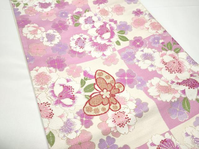 平和屋着物●六通柄袋帯 市松花蝶文 金糸 正絹 逸品 CABG9106hy