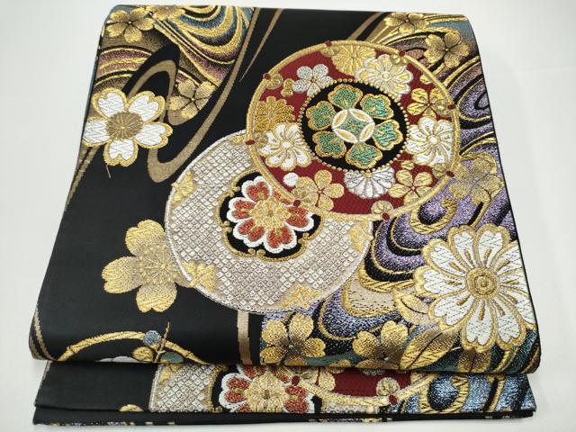 平和屋着物●六通柄袋帯 草花丸文 黒地 金銀糸 正絹 逸品 CABG9108hy