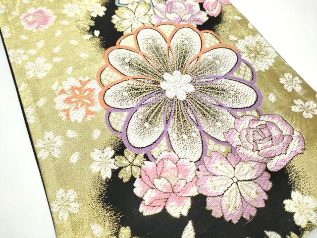 平和屋着物●六通柄袋帯 舞花文 黒地 金糸 正絹 逸品 CABG9128hy