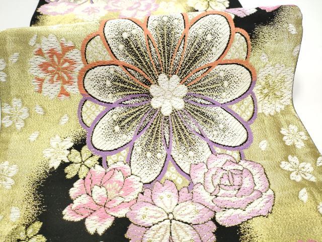 平和屋着物●六通柄袋帯 舞花文 黒地 金糸 正絹 逸品 CABG9128hy