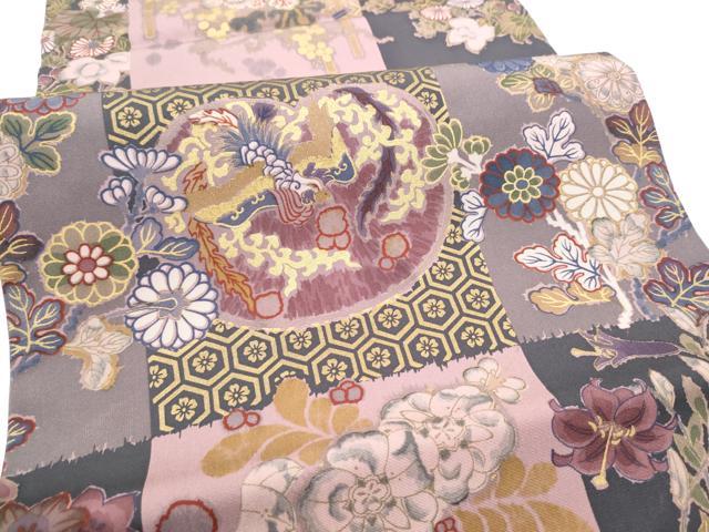 平和屋着物●塩瀬 九寸開き名古屋帯 市松花鳥文 金彩 正絹 逸品 CABG9161hy