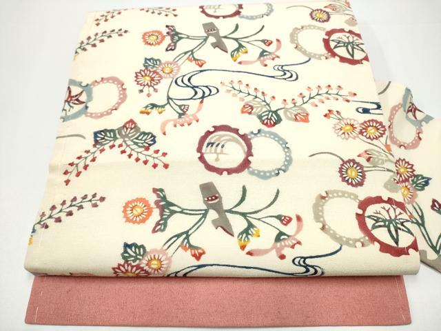 平和屋着物●九寸名古屋帯 紬地 型染め 雪輪花文 正絹 逸品 CABG9165hy