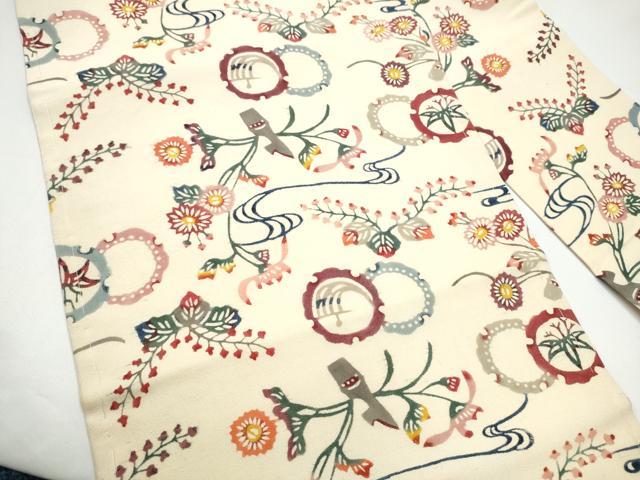 平和屋着物●九寸名古屋帯 紬地 型染め 雪輪花文 正絹 逸品 CABG9165hy